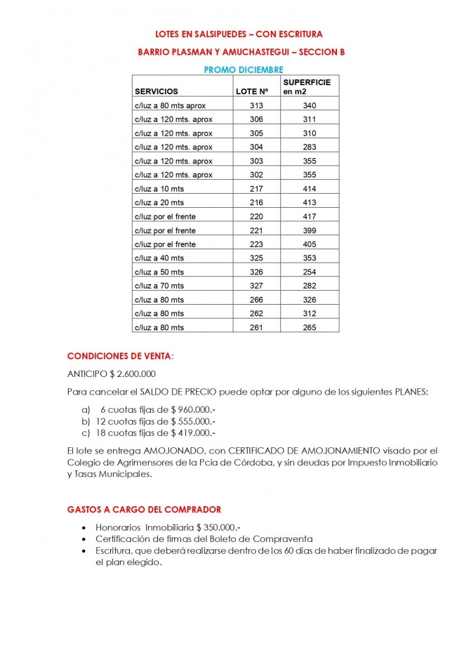 LOTES A LA VENTA EN SALSIPUEDES - EN PESOS - ANTICIPO Y CUOTAS FIJAS 